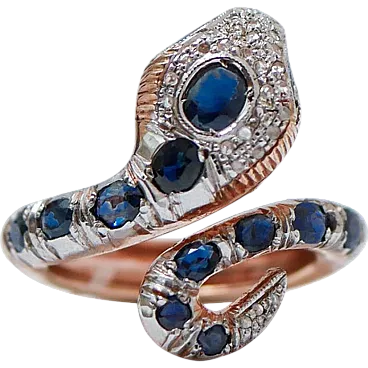 Gold and silver snake ring with sapphires and diamonds, 1970s