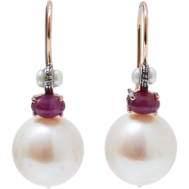 Rose gold and silver earrings with pearls, rubies, diamonds, 2000s