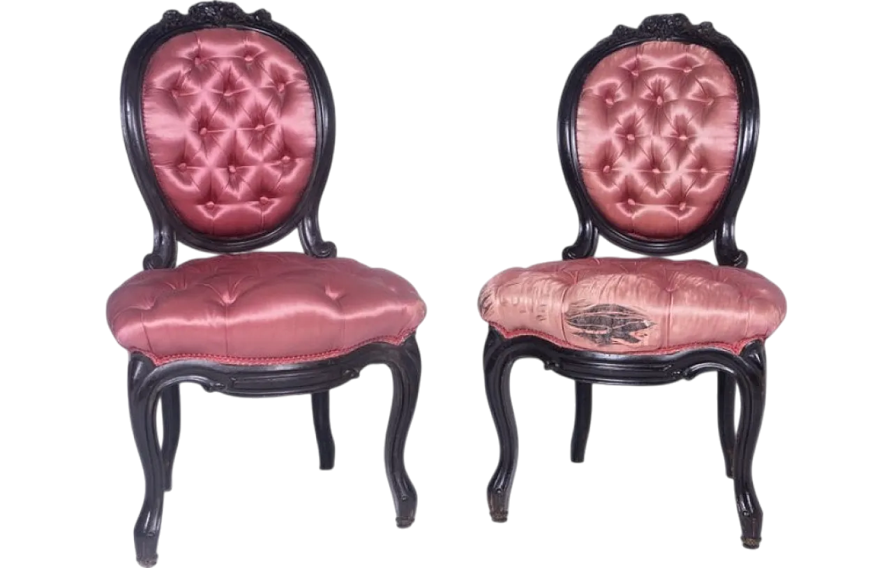 Pair of baroque armchairs in wood and capitonné silk, 1950s 10