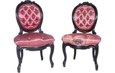 Pair of baroque armchairs in wood and capitonné silk, 1950s