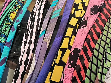 7 Memphis ties and pochette by Ettore Sottsass, 80s