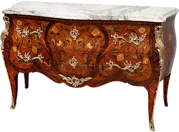 French drawer in precious exotic woods with marble top, 20th century