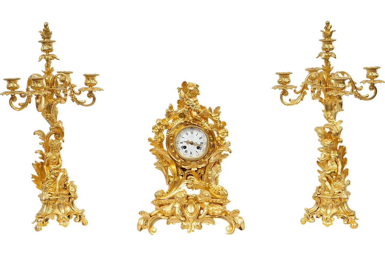 Triptych of Napoleon III French clock in golden bronze, 20th century 7