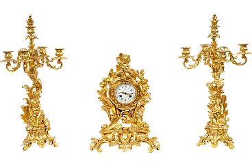 Triptych of Napoleon III French clock in golden bronze, 20th century