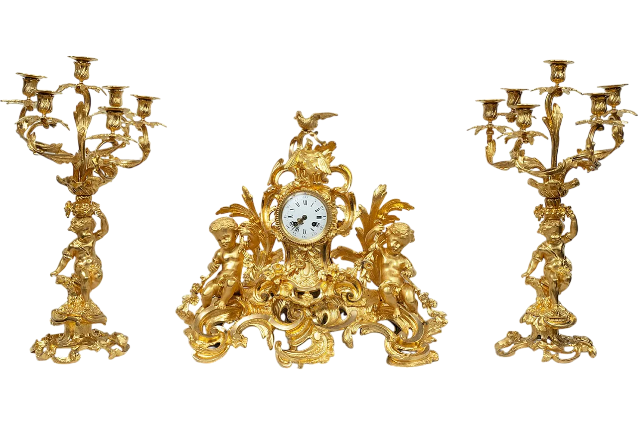 Triptych of Napoleon III French clock in golden bronze, '800 8