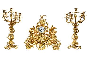 Triptych of Napoleon III French clock in golden bronze, '800