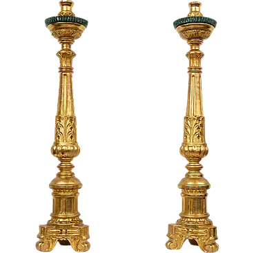 Pair of ancient gilded and carved wooden torches, Florence, 19th c.