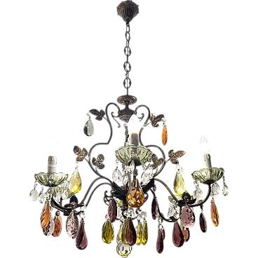 Bronze multicolored Italian crystal chandelier, 50s