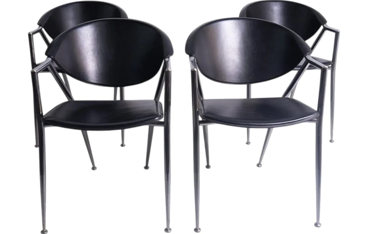 4 Chromed metal and leather dining chairs by Calligaris, 1980s 7