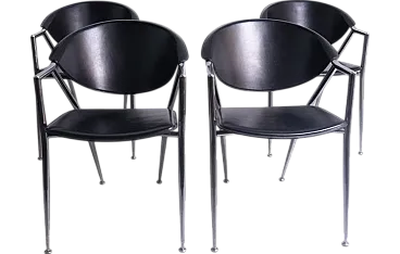 4 Chromed metal and leather dining chairs by Calligaris, 1980s