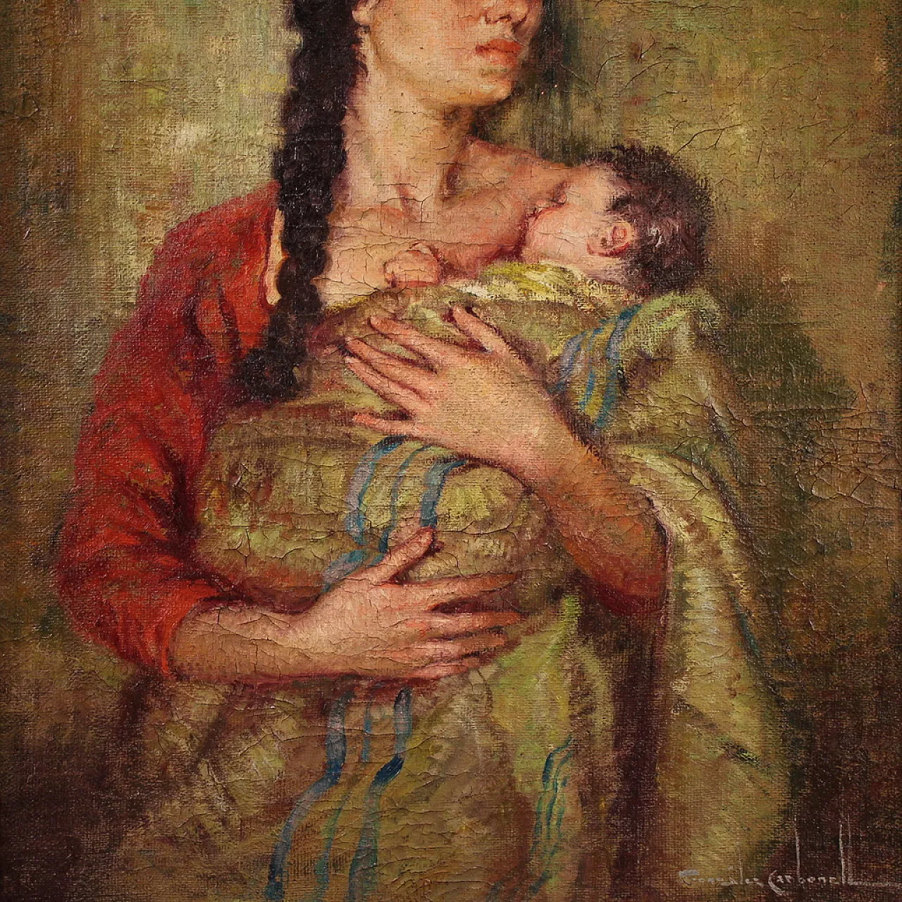 R. Gonzalez Carbonell, Maternity, oil painting signed, 20th century 4