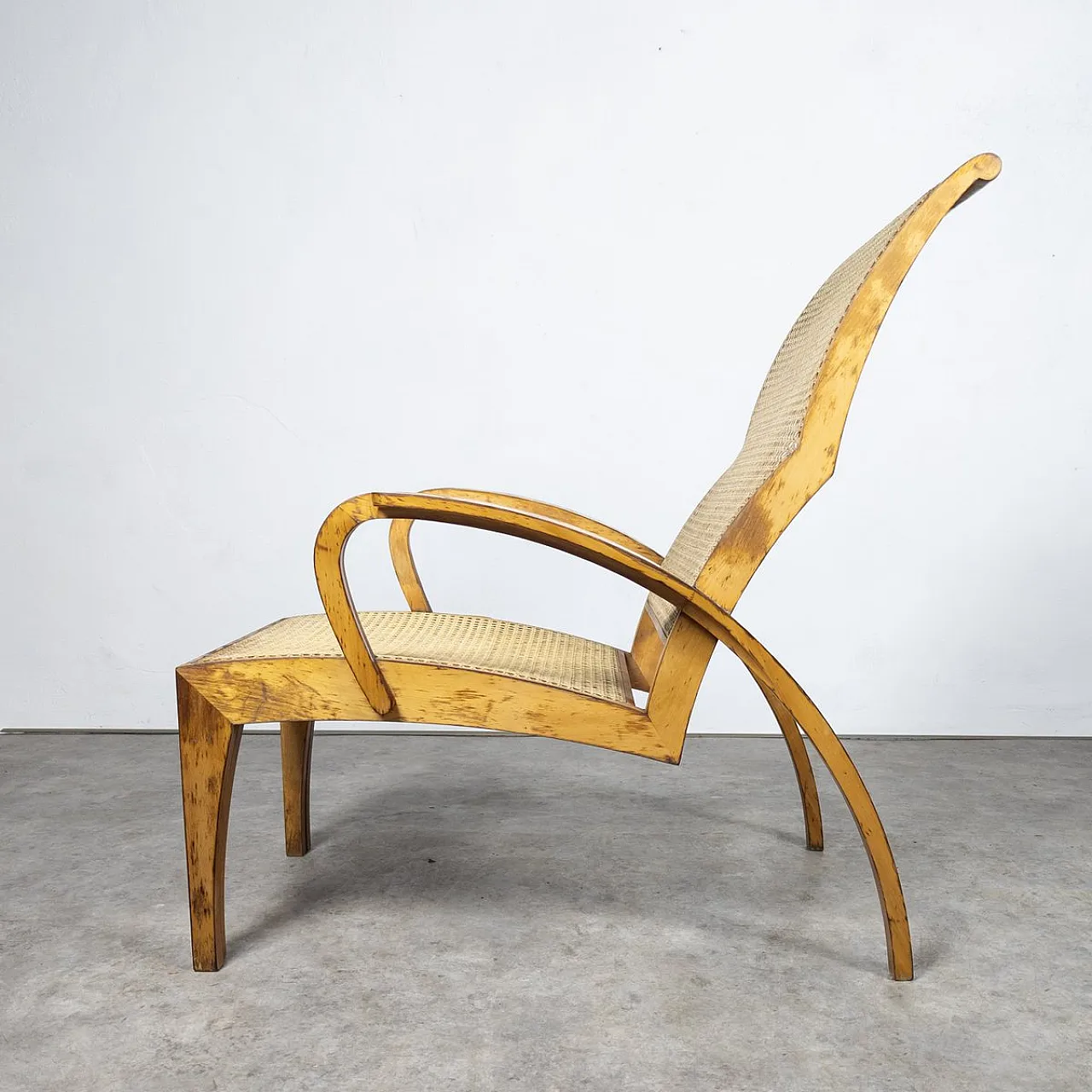 Chaise long in wood and rattan, 1940s 5