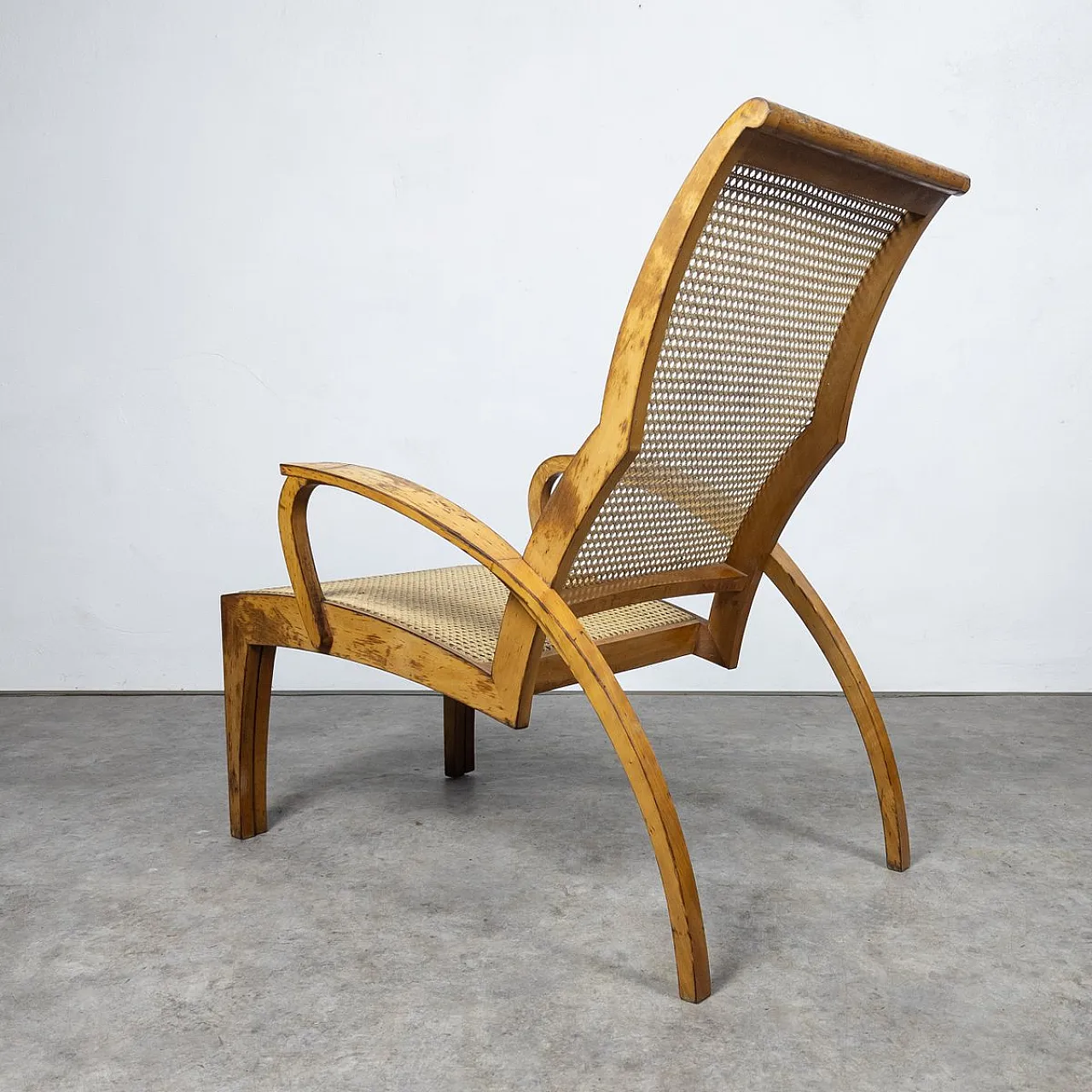 Chaise long in wood and rattan, 1940s 6