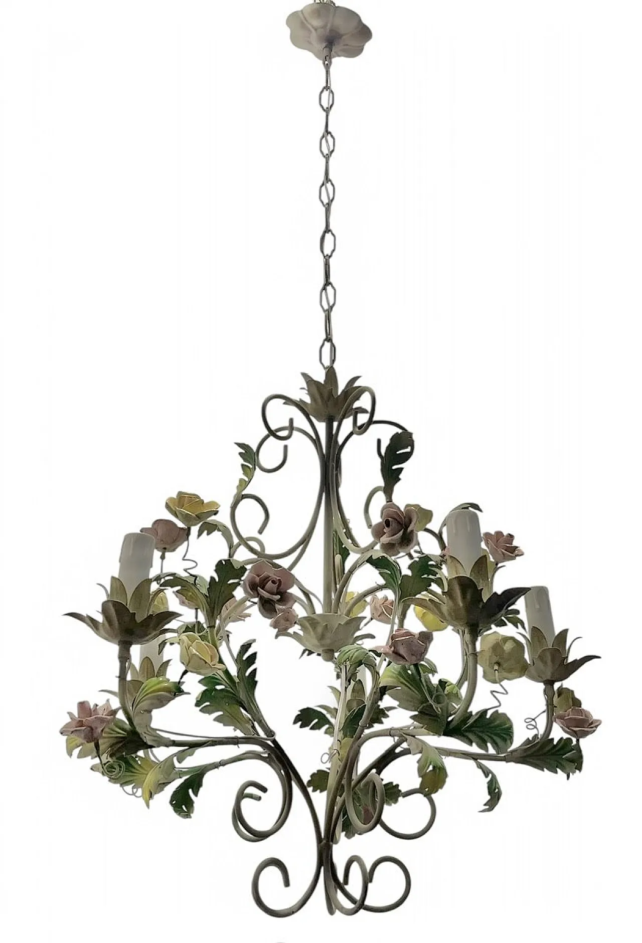 Italian tole ceramic rose flower chandelier, 70s 1