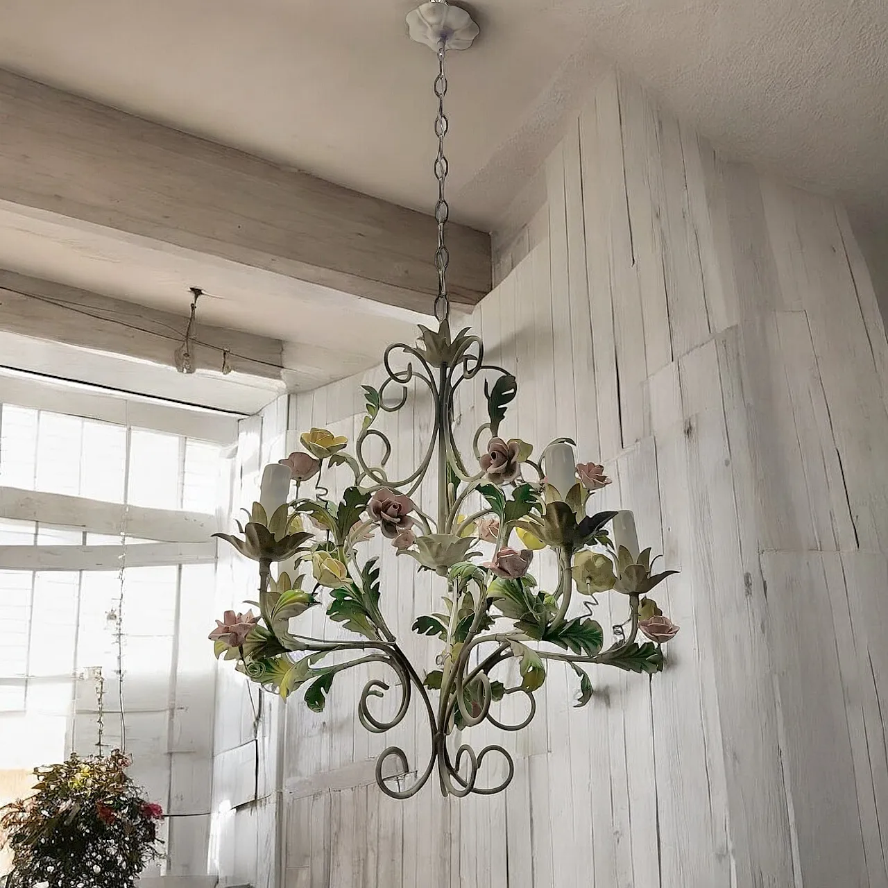 Italian tole ceramic rose flower chandelier, 70s 2