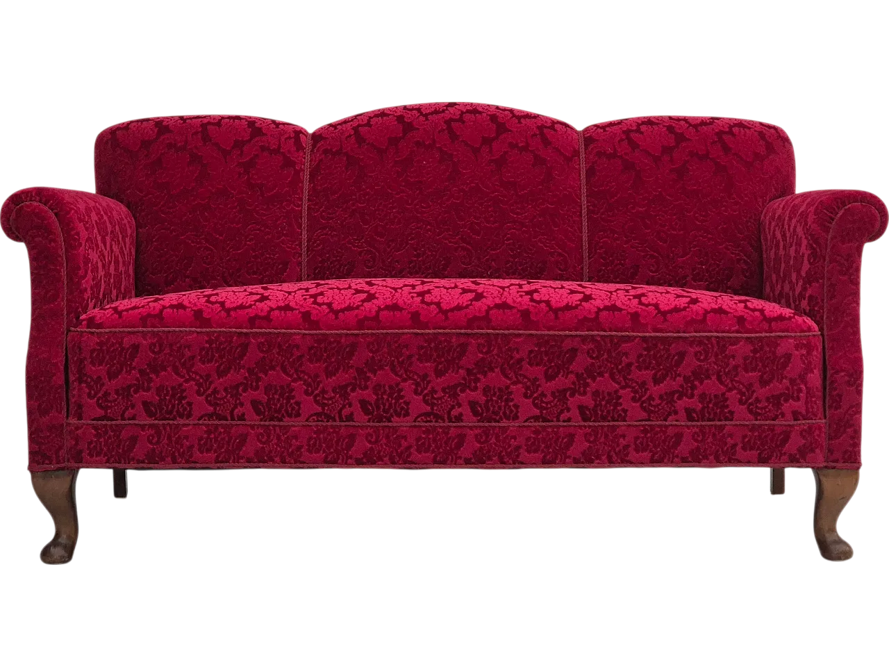 Danish 3-seater sofa, cherry-red velour and beech wood, 1950s 21