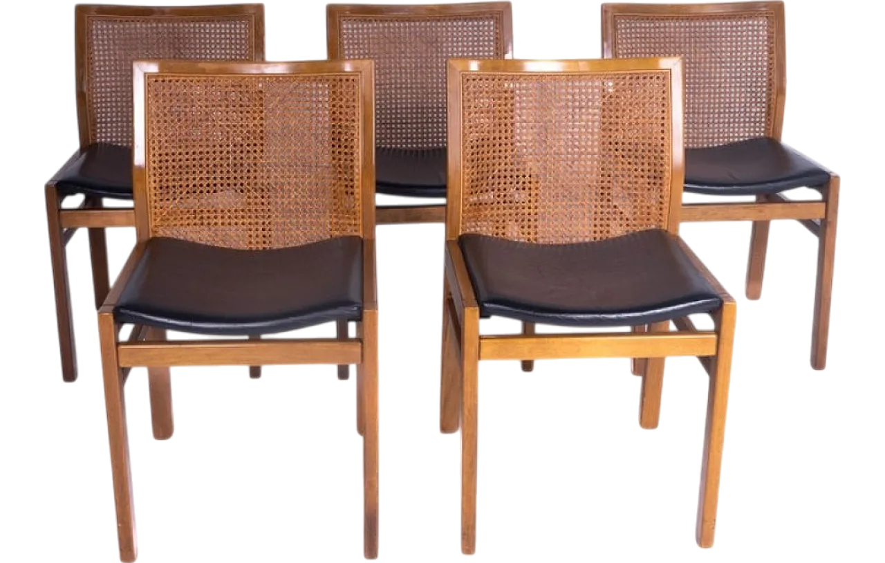 5 Walnut, leather and Vienna straw chairs by Molteni & Co., 1970s 7