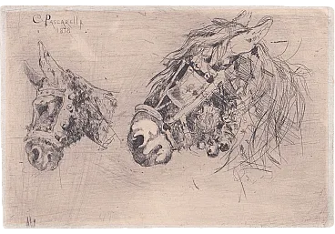 Cesare Pascarella, study of horse heads, etching, 1878