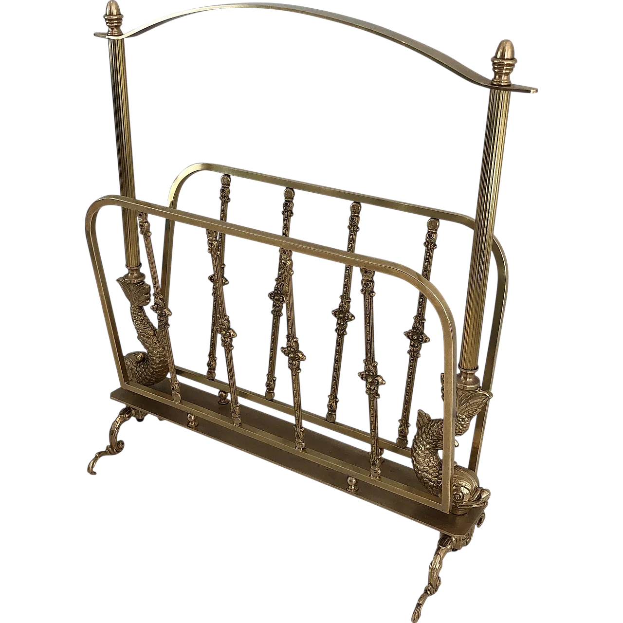 Brass magazine rack with dolphin heads by Maison Jansen, 1940s 17