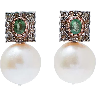 Gold and silver earrings with pearls, emeralds, diamonds, 2000s