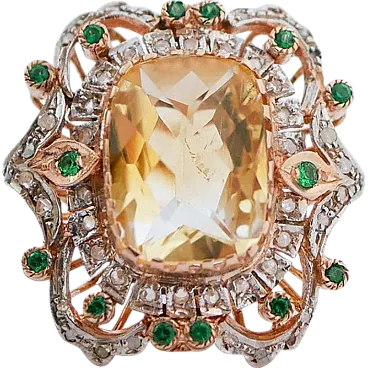 Ring with topaz, tsavorite, diamonds, rose gold and silver, 1960s