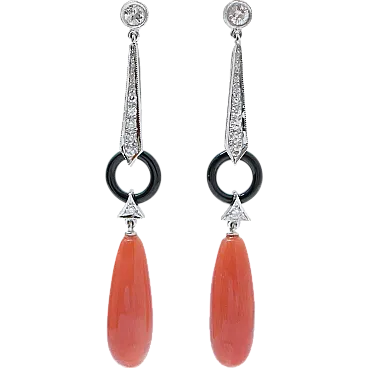 Platinum earrings with coral, onyx, diamonds, 1970s