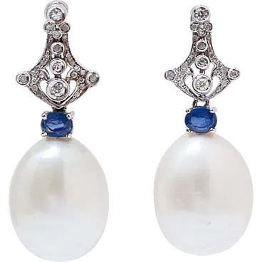 White gold earrings with pearls, diamonds, sapphires, 1970s