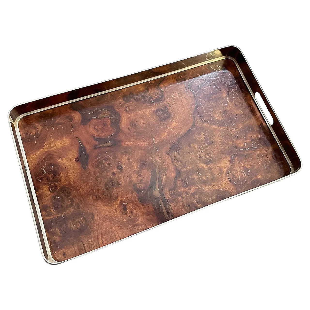 Thuya wood and silver-plated tray, 1980s 1