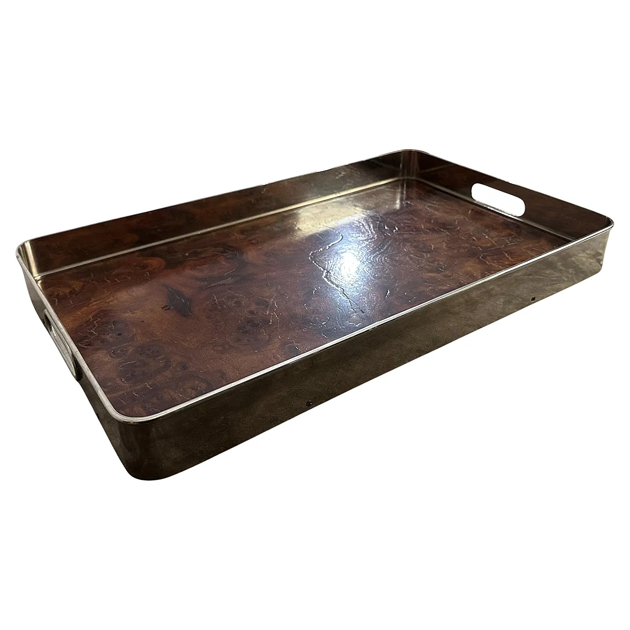 Thuya wood and silver-plated tray, 1980s 2