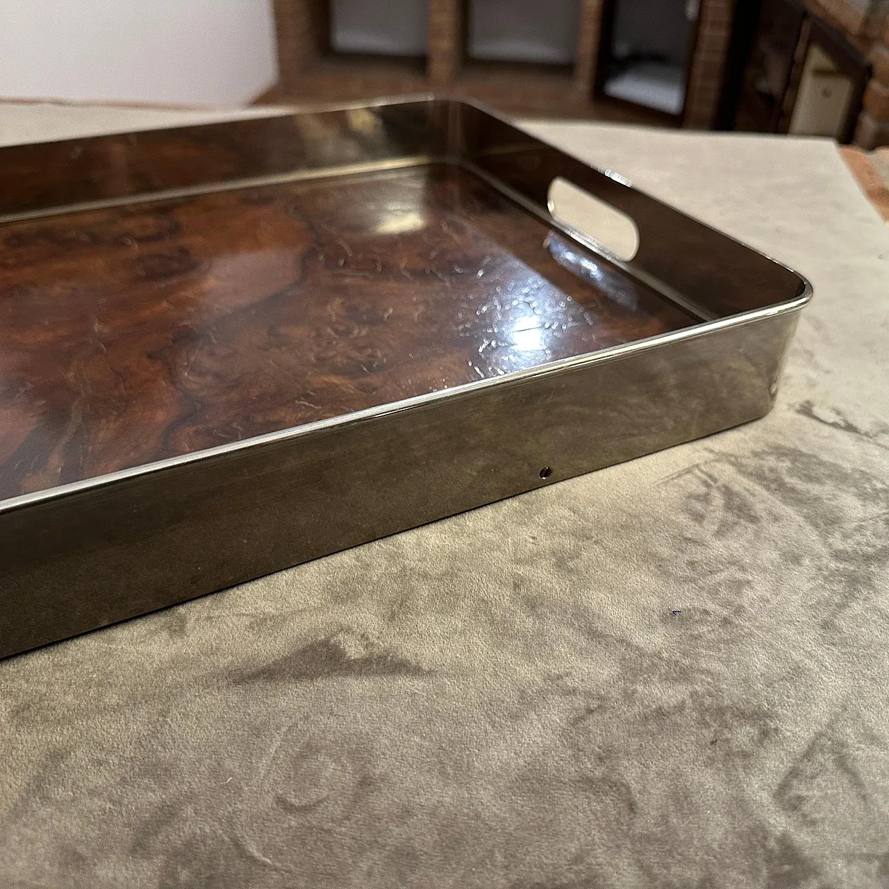 Thuya wood and silver-plated tray, 1980s 7