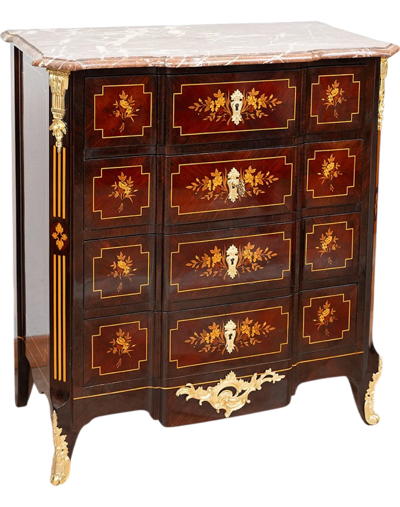 Chest of drawers Napoleon III polychrome woods with red marble, '800 8