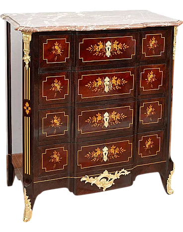 Chest of drawers Napoleon III polychrome woods with red marble, '800