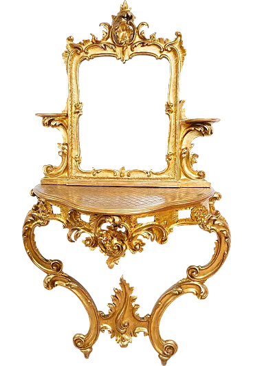 Console with mirror Luigi Filippo Neapolitan in golden wood, '800