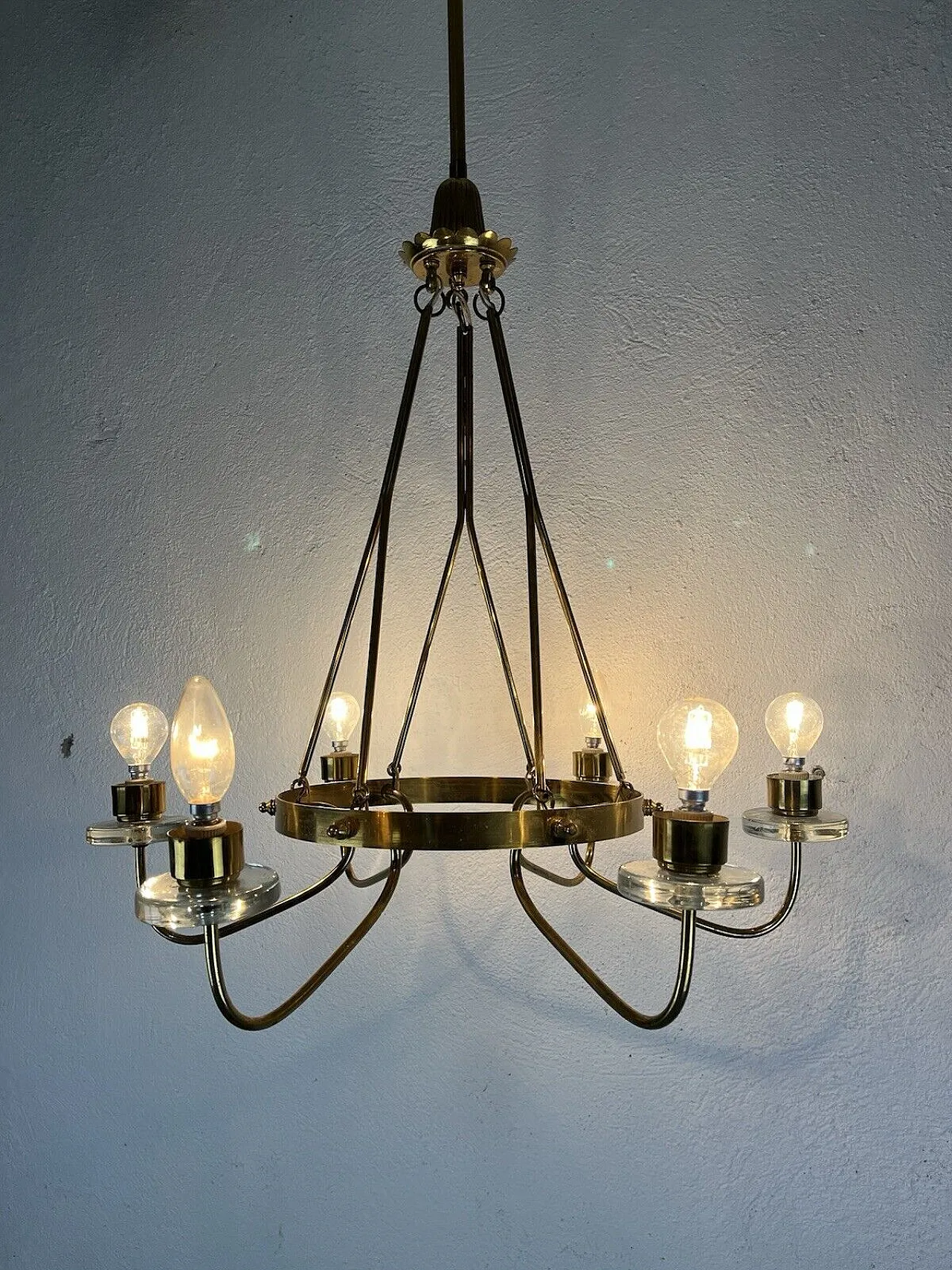 Lampadario in ottone e vetro, anni '50 2