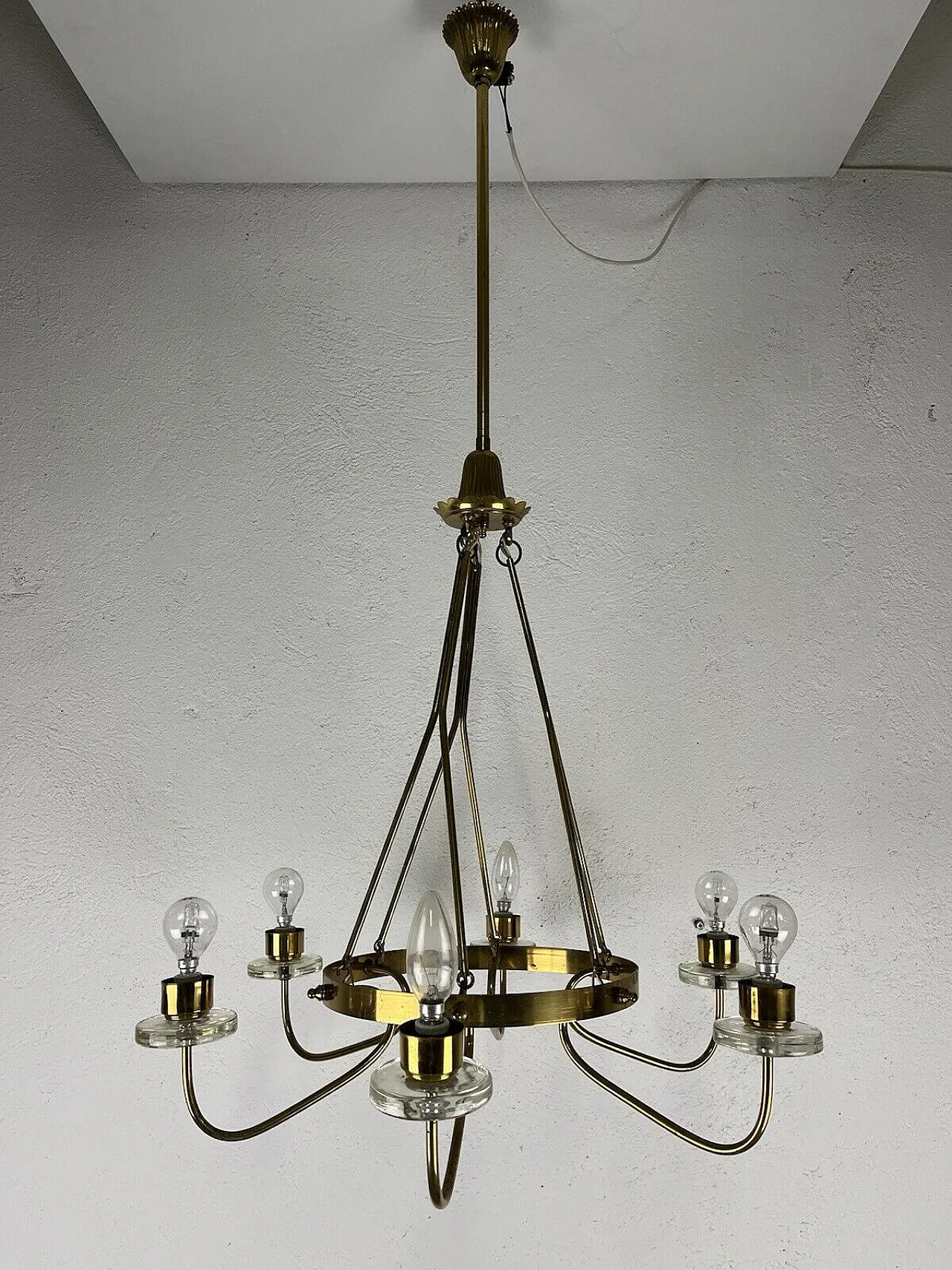 Lampadario in ottone e vetro, anni '50 8