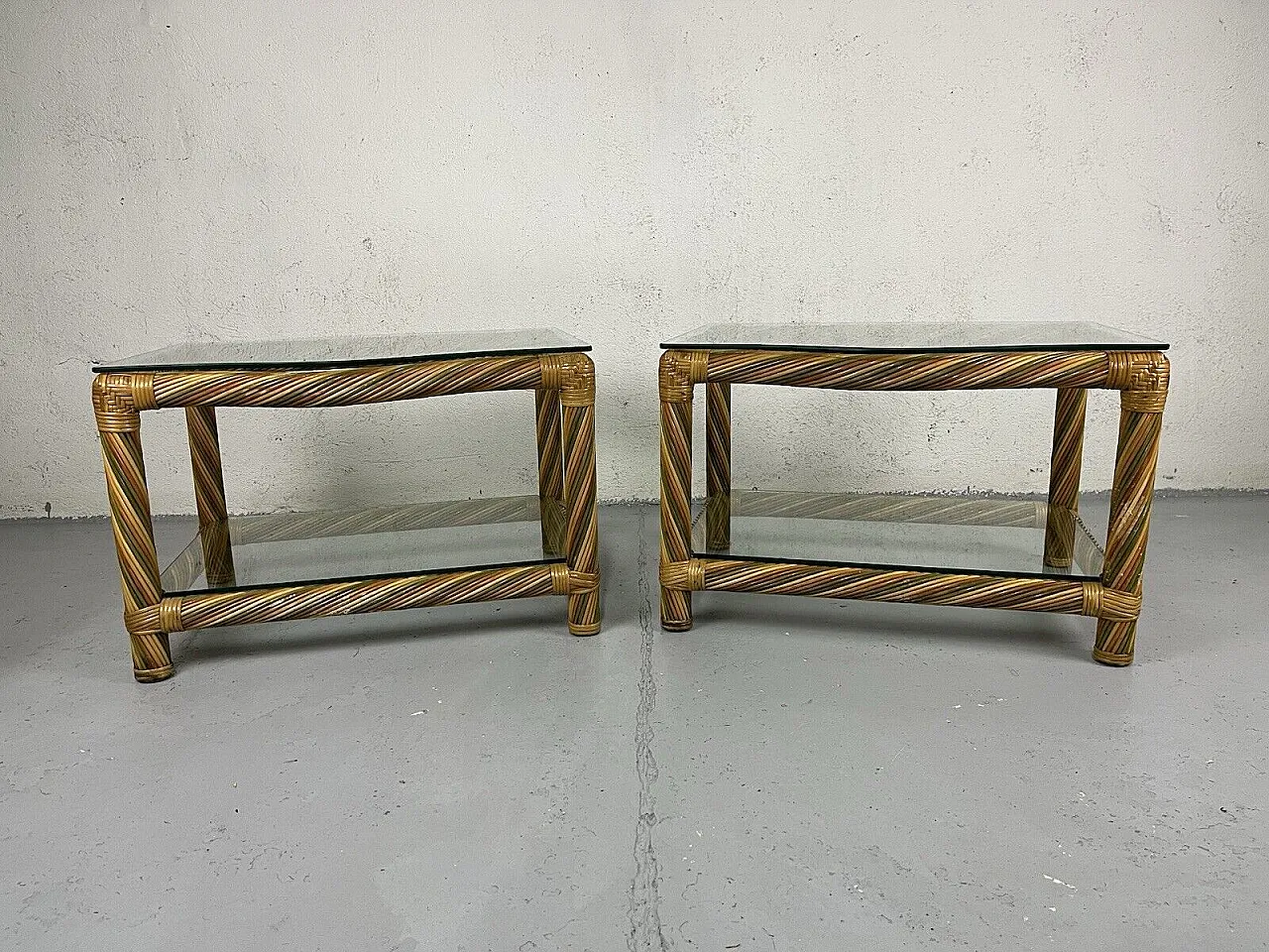 Pair of wicker and glass bedside tables, 1970s 1