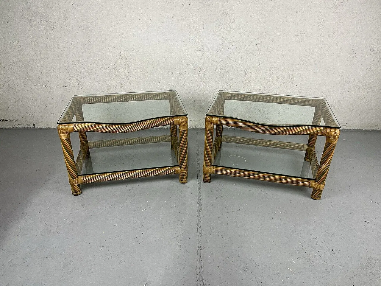 Pair of wicker and glass bedside tables, 1970s 2