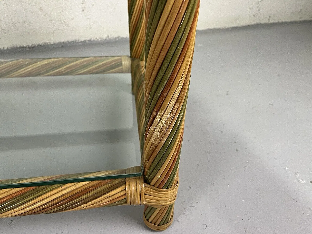 Pair of wicker and glass bedside tables, 1970s 5