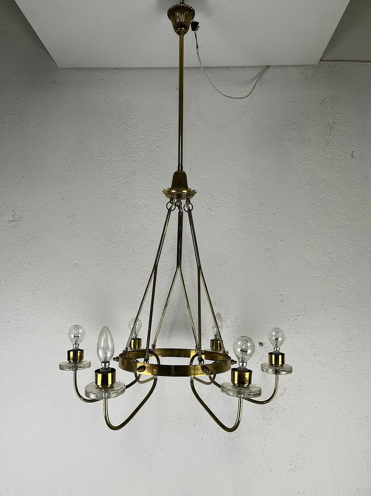 Lampadario in ottone e vetro, anni '50 17