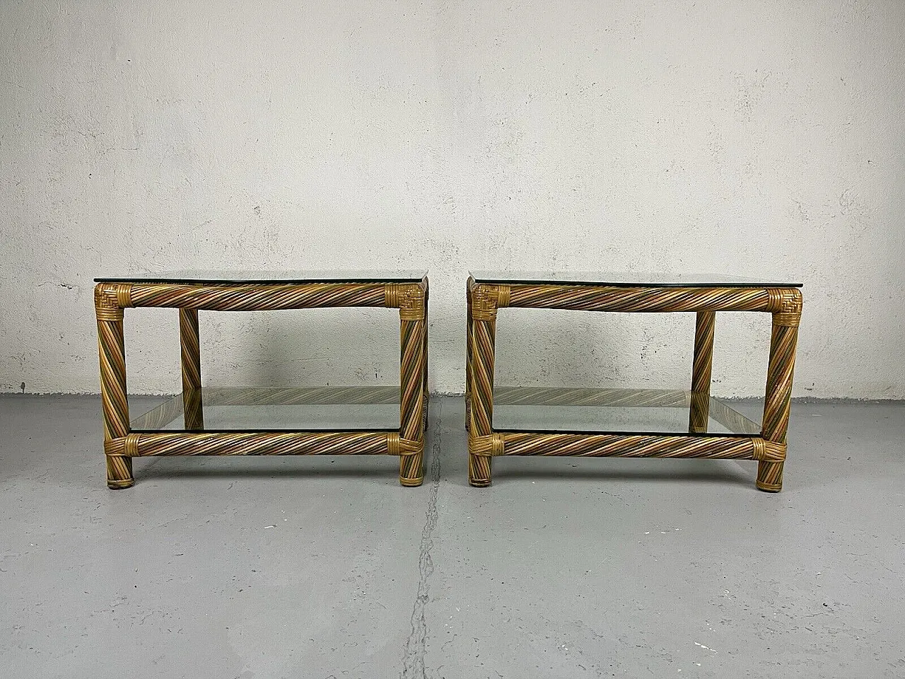 Pair of wicker and glass bedside tables, 1970s 10