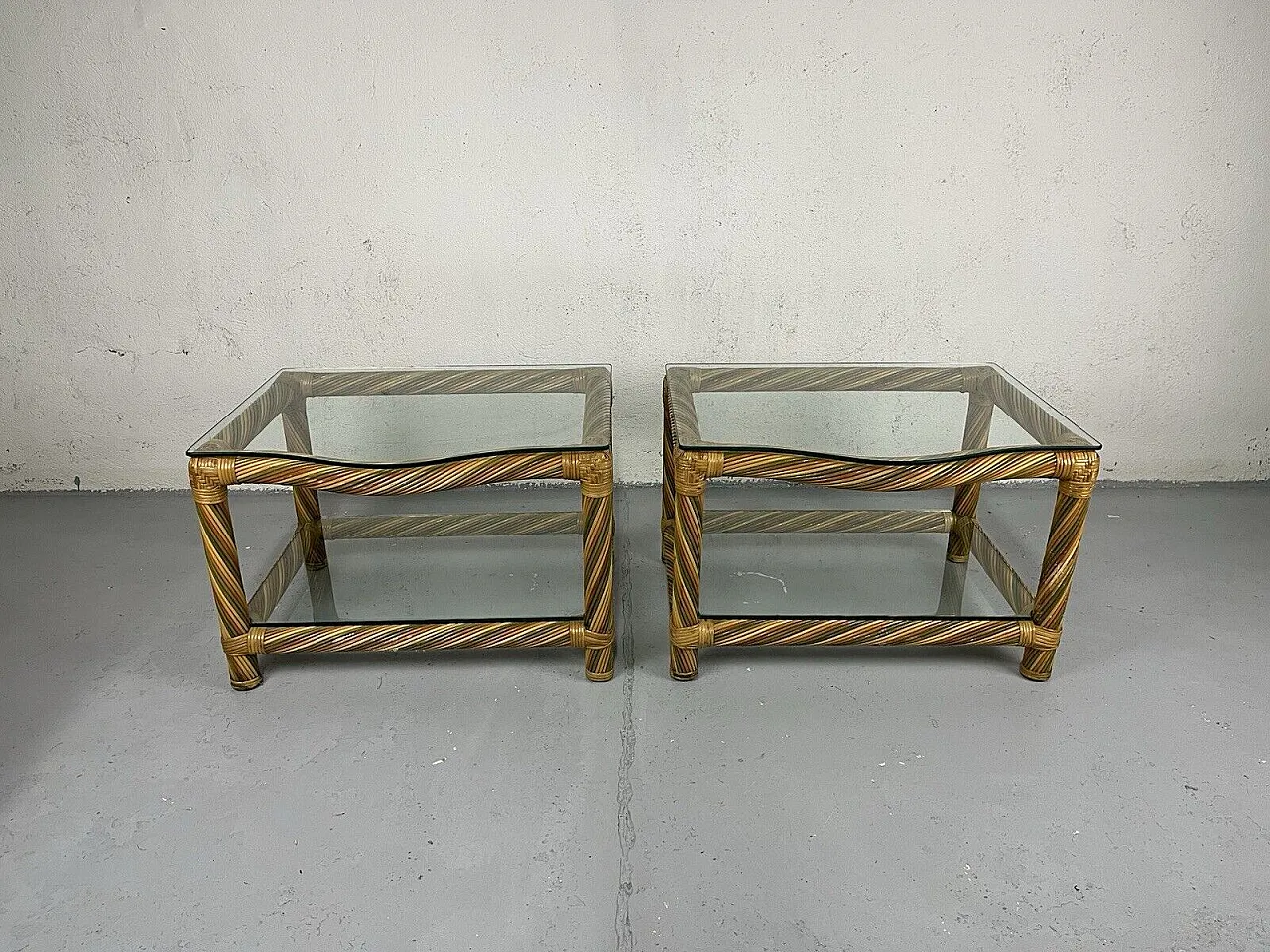 Pair of wicker and glass bedside tables, 1970s 11