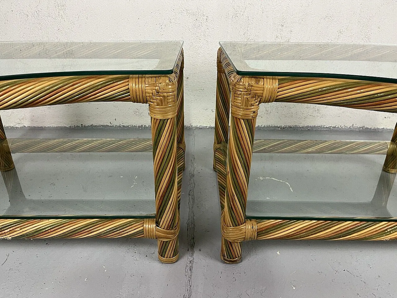 Pair of wicker and glass bedside tables, 1970s 12