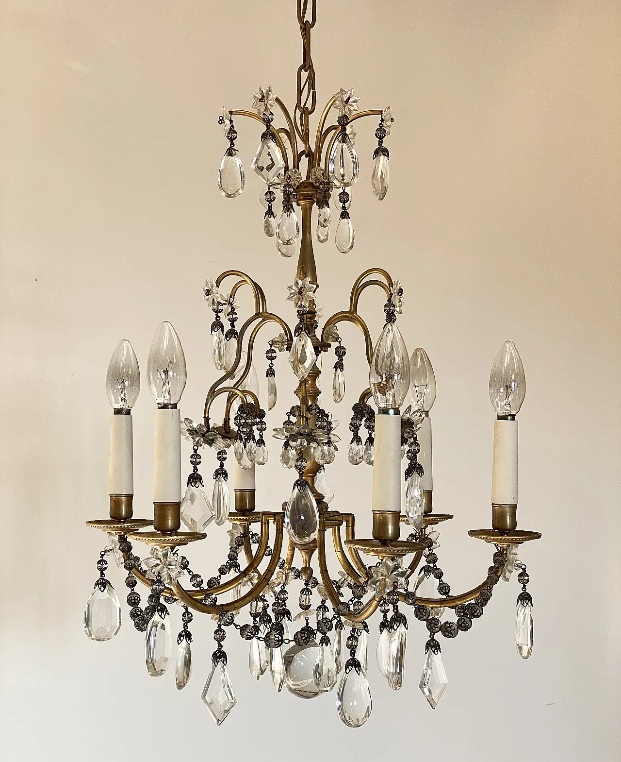 Bronze chandelier with crystals, 60s 1