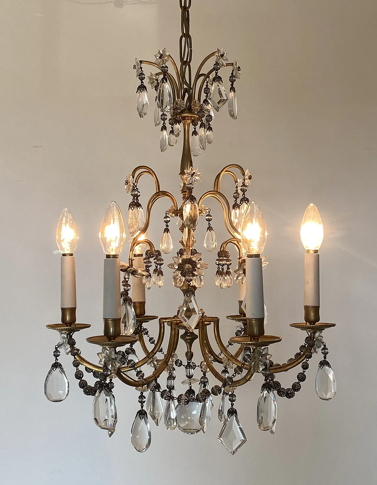 Bronze chandelier with crystals, 60s 16