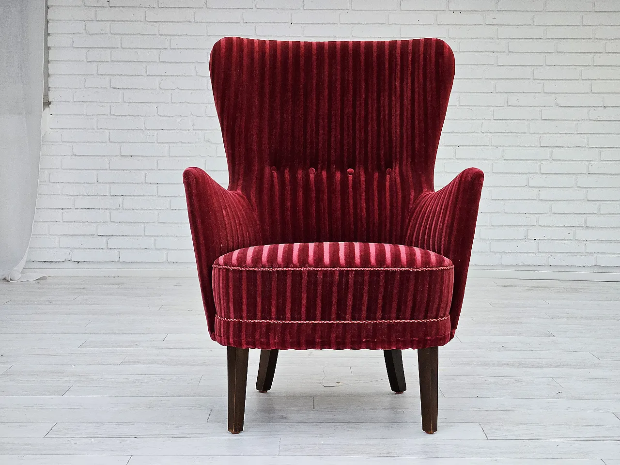 Danish armchair in cherry-red velour, 60s 1