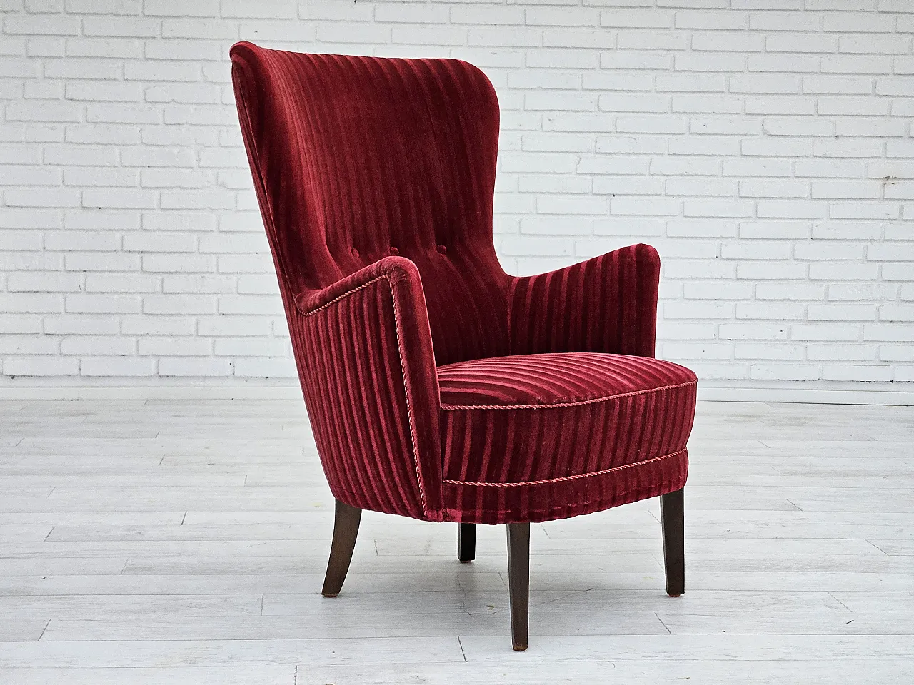 Danish armchair in cherry-red velour, 60s 2