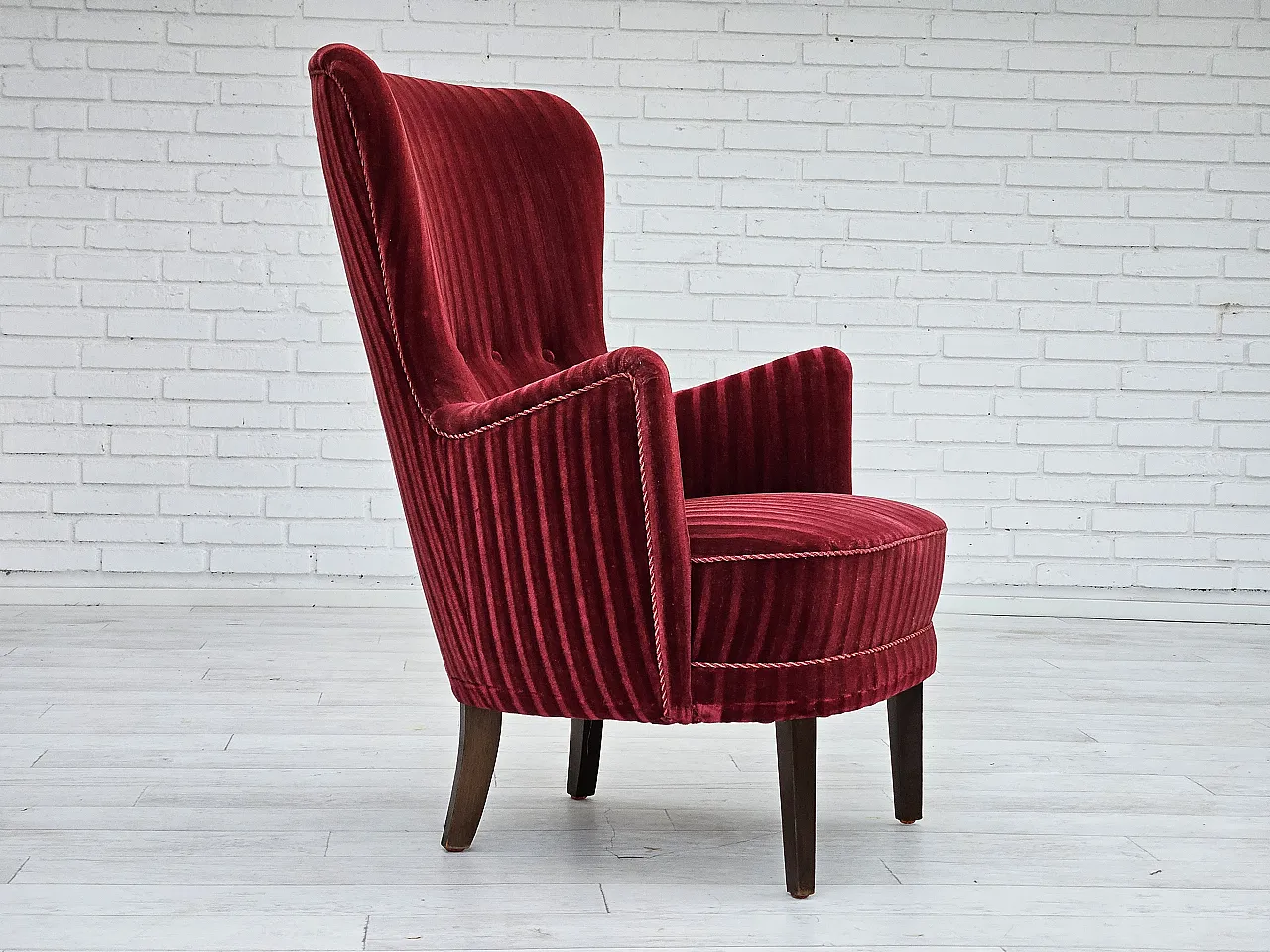 Danish armchair in cherry-red velour, 60s 3