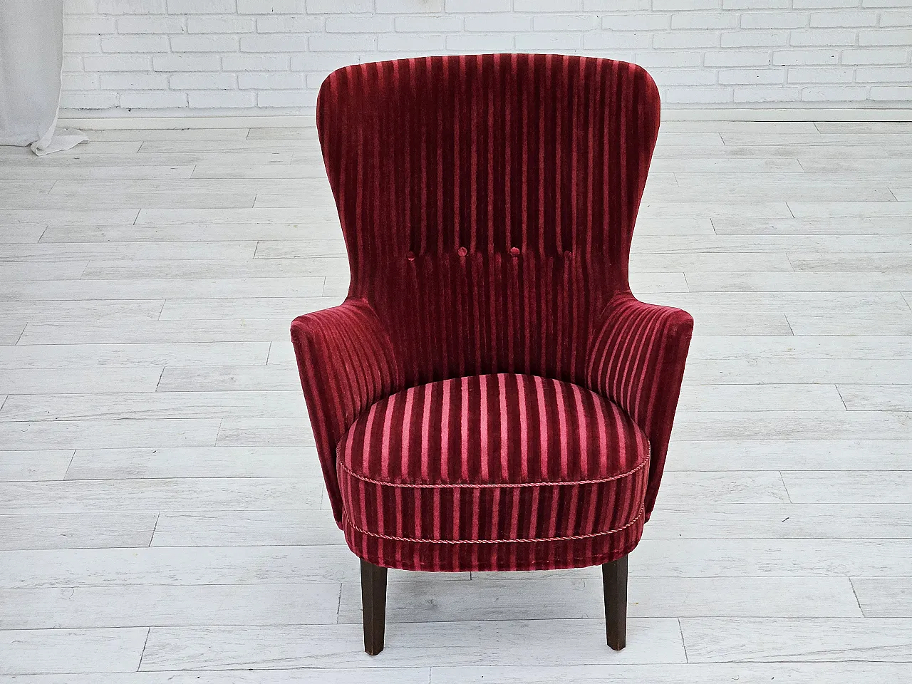 Danish armchair in cherry-red velour, 60s 5