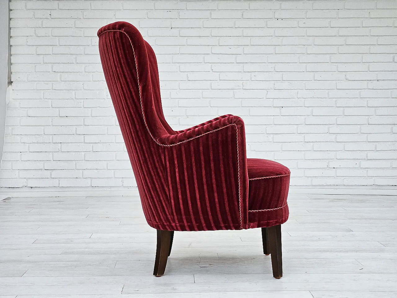 Danish armchair in cherry-red velour, 60s 6