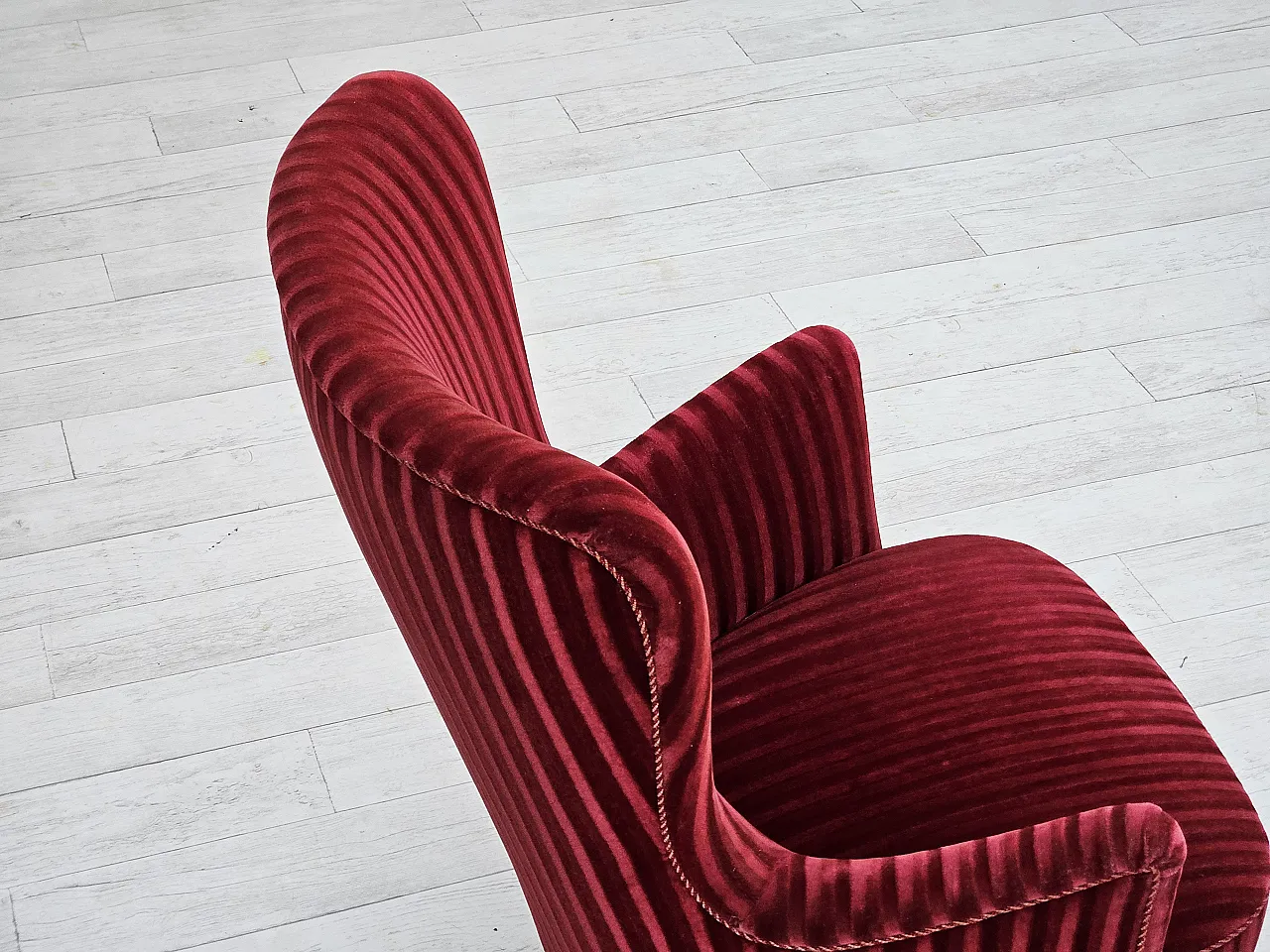 Danish armchair in cherry-red velour, 60s 7